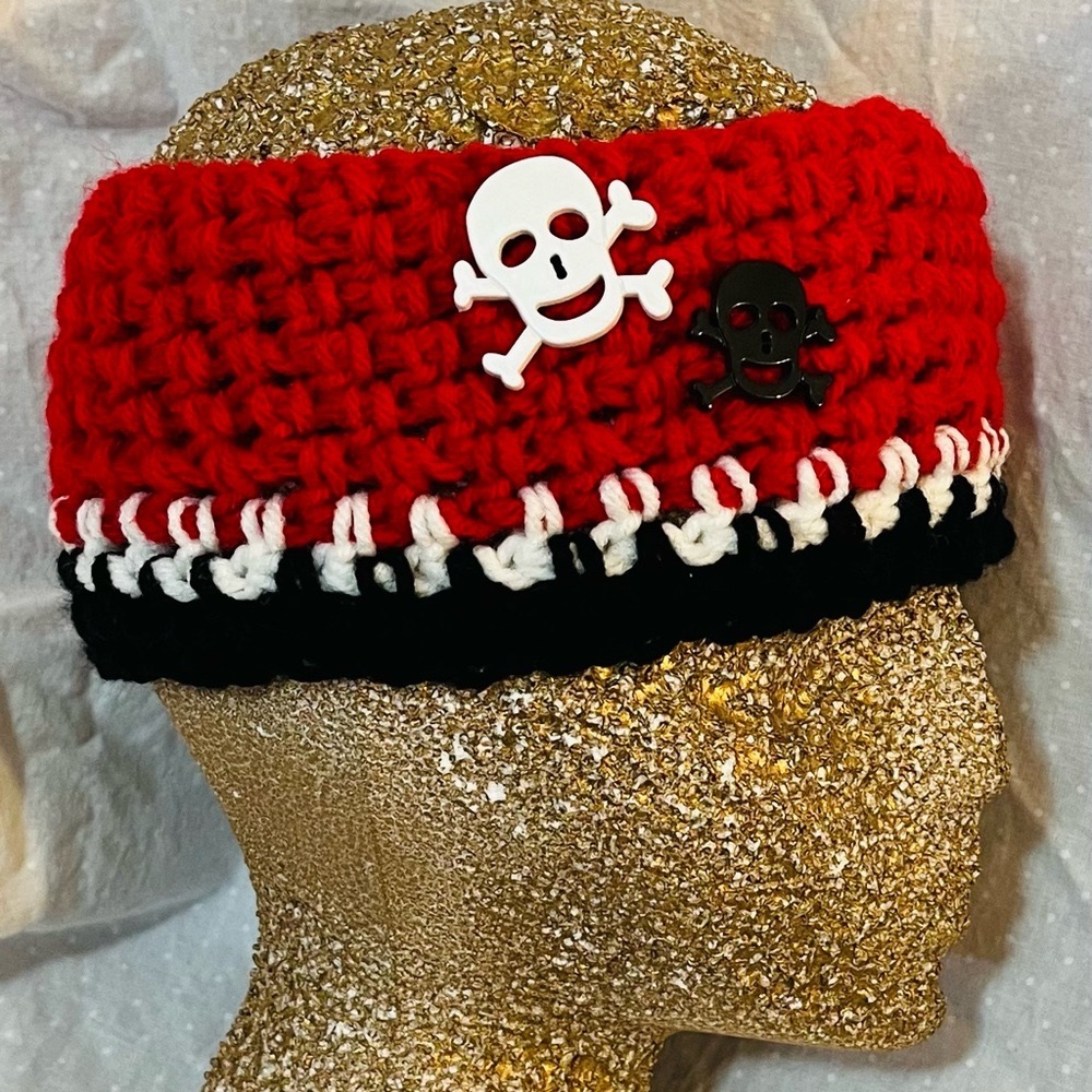 Red, white, black skulls headband ear warmer